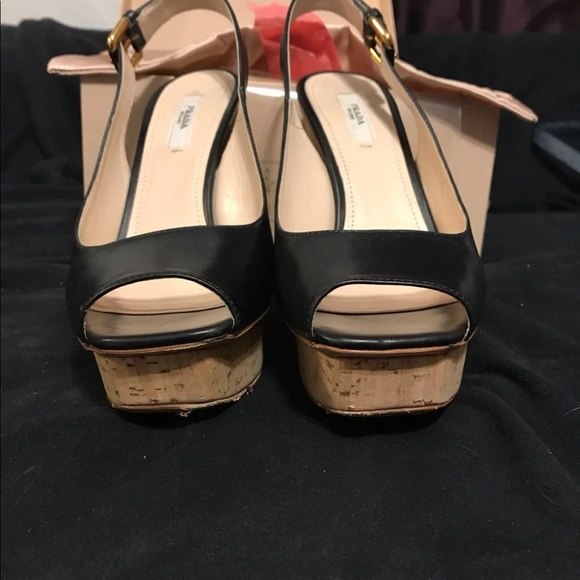 Prada black leather cork heel sling back open toe - Picture 3 of 12